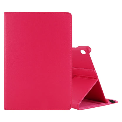 Red leather-style tablet case with flip cover and kickstand, side hole for access