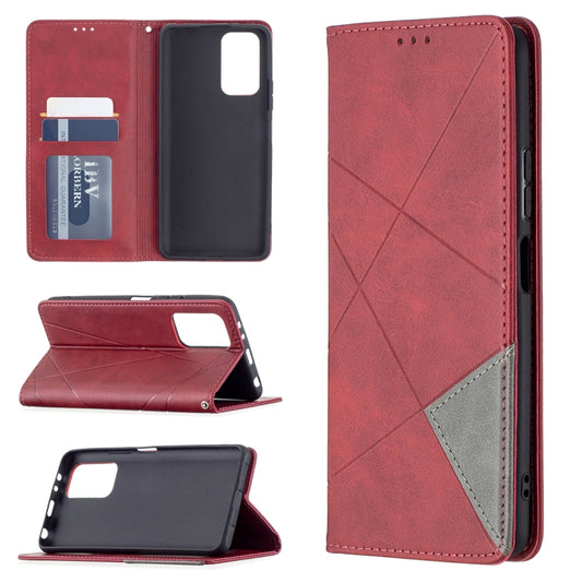 Red rhombus-textured magnetic flip leather case with card slots and phone holder
