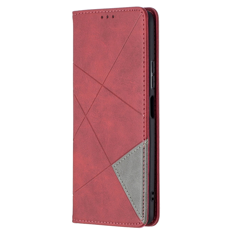 Red folio leather case with rhombus pattern and magnetic closure, card slot visible