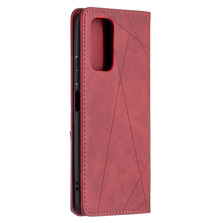 Red leather flip case with rhombus pattern, side cutouts, and secure magnetic closure