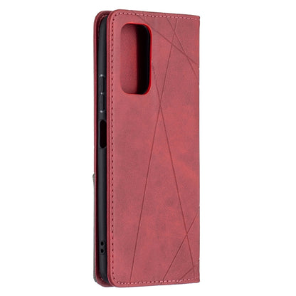Red leather flip case with rhombus pattern, side cutouts, and secure magnetic closure