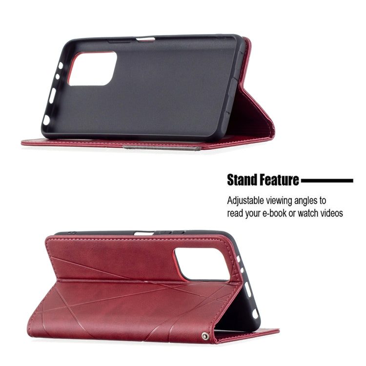 Red flip leather case with rhombus texture, kickstand-style viewing, and card holder