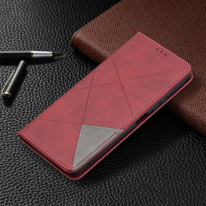 Red rhombus-pattern leather flip case with card slot and magnetic closure