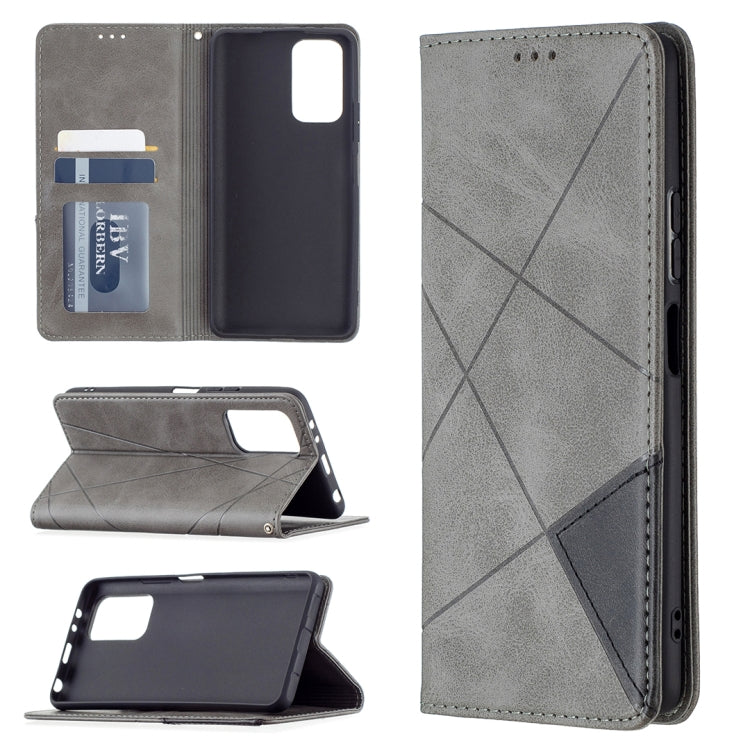 Grey wallet phone case with card slots, magnetic flip cover, and kickstand; rhombus texture.