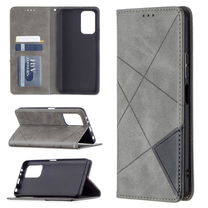 Grey wallet phone case with card slots, magnetic flip cover, and kickstand; rhombus texture.
