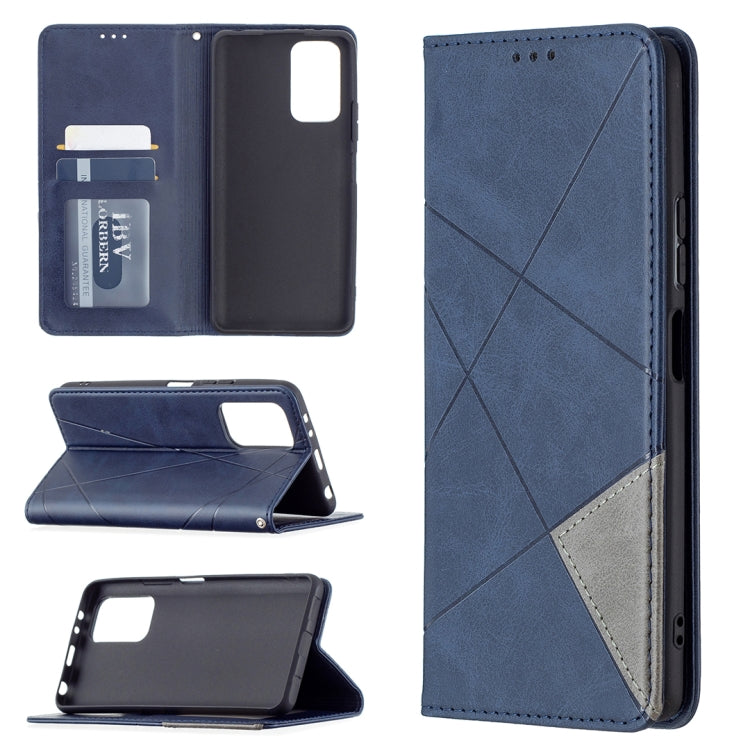 Blue wallet phone case with card slots and magnetic flip cover; rhombus texture and kickstand.