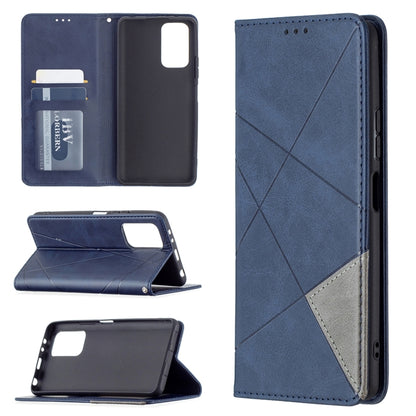Blue wallet phone case with card slots and magnetic flip cover; rhombus texture and kickstand.