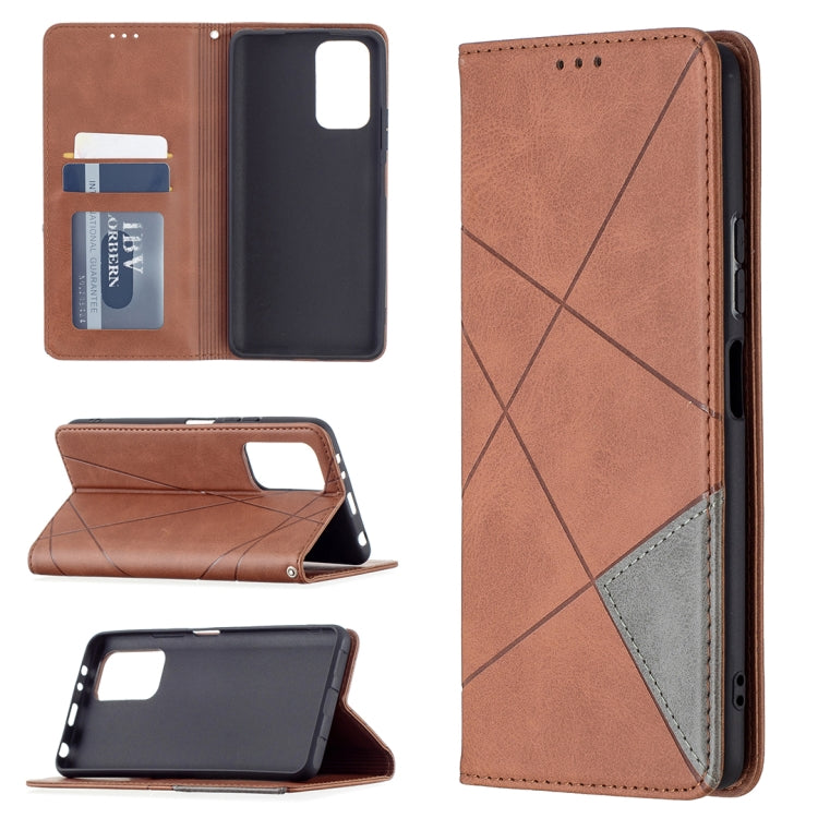 Brown wallet phone case with card slots and magnetic flip cover; rhombus texture and kickstand.