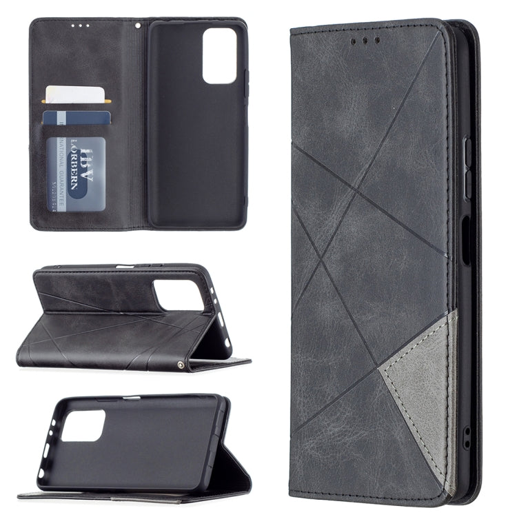 Dark gray leather wallet case with rhombus texture, card slots, and flip stand