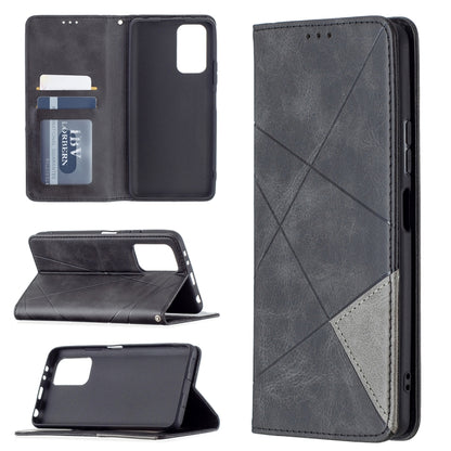 Dark gray leather wallet case with rhombus texture, card slots, and flip stand