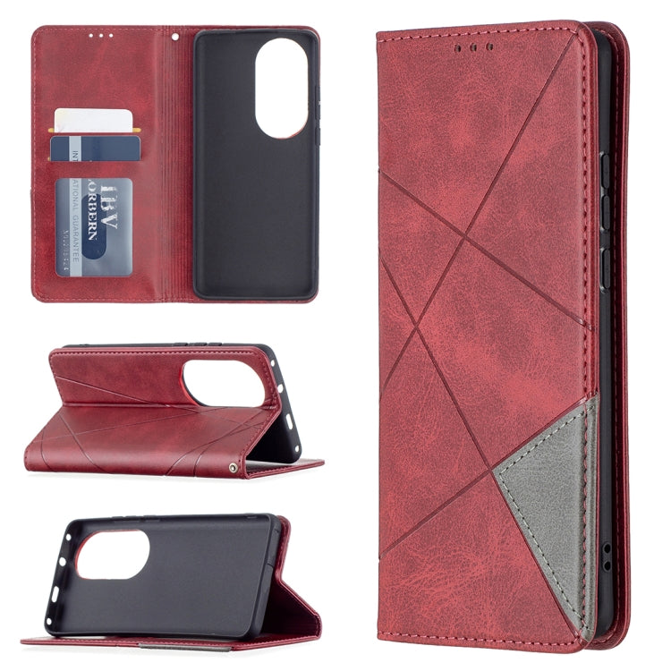 Red rhombus-textured magnetic flip leather case with card slots and phone holder