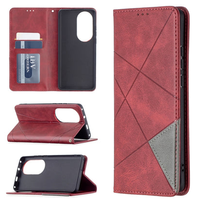 Red rhombus-textured magnetic flip leather case with card slots and phone holder