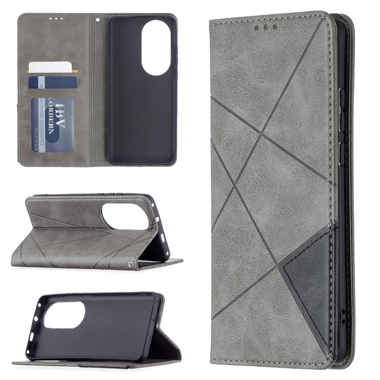 Grey folio phone case with flip cover showing camera cutout and internal card slots; rhombus pattern.