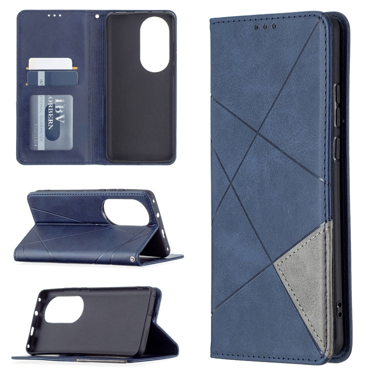 Blue folio phone case with internal card pockets and flip cover; rhombus pattern on back.