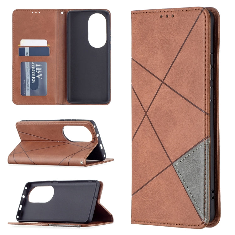 Brown folio phone case with magnetic flip, card pockets, and rhombus texture; side button cutouts.