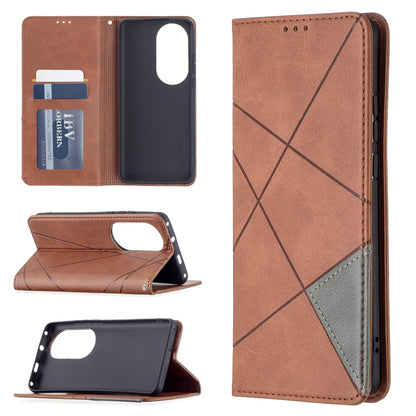 Brown folio phone case with magnetic flip, card pockets, and rhombus texture; side button cutouts.