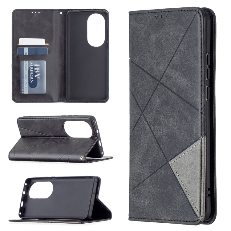 Dark gray leather flip wallet case with rhombus pattern and card holder pocket