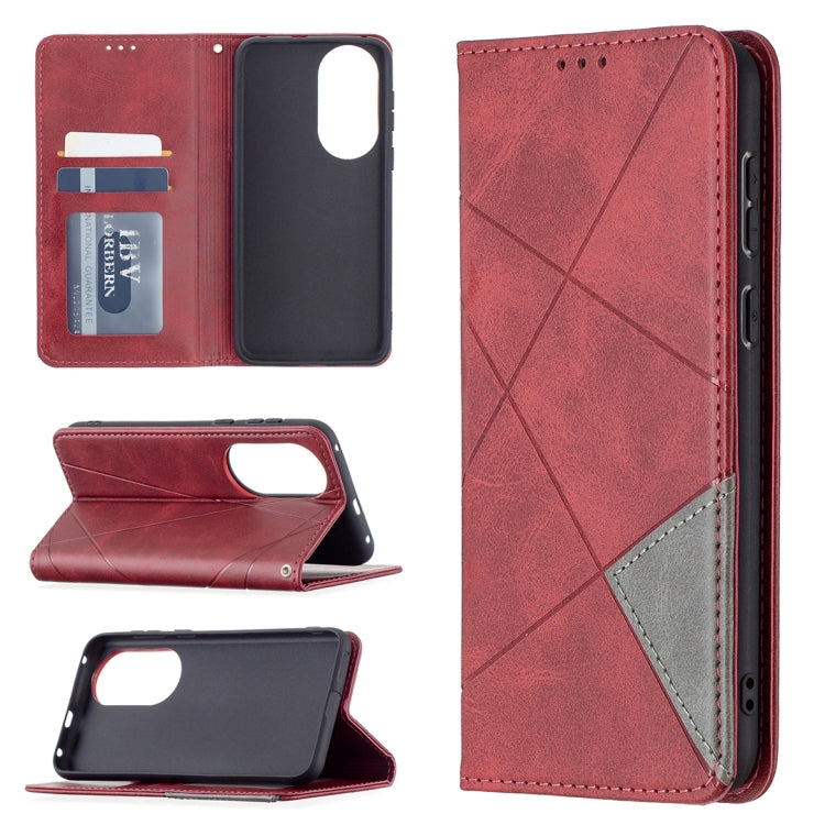 Red folio leather wallet case with rhombus pattern, card slots, and magnetic closure