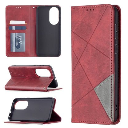 Red folio leather wallet case with rhombus pattern, card slots, and magnetic closure