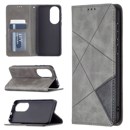 Grey magnetic flip wallet case with rhombus texture; front cover folds open for card access.