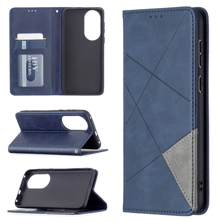 Blue magnetic flip wallet case with rhombus texture; camera cutout and fold-out viewing stand.