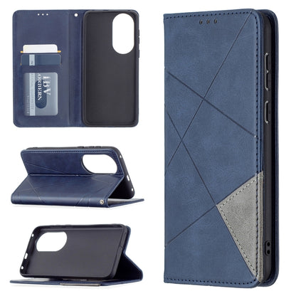 Blue magnetic flip wallet case with rhombus texture; camera cutout and fold-out viewing stand.