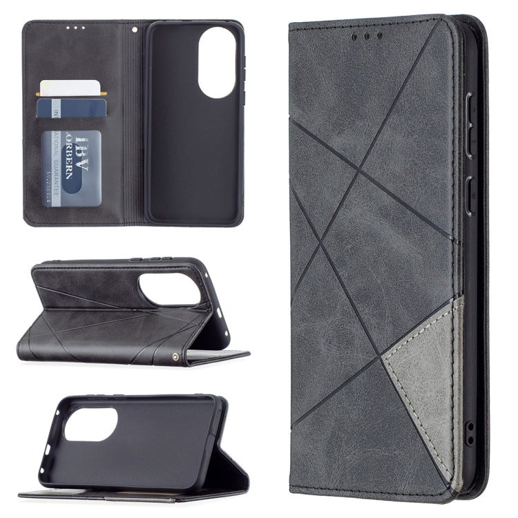 Gray leather wallet case with rhombus texture, card slots, and magnetic flip cover
