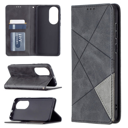 Gray leather wallet case with rhombus texture, card slots, and magnetic flip cover