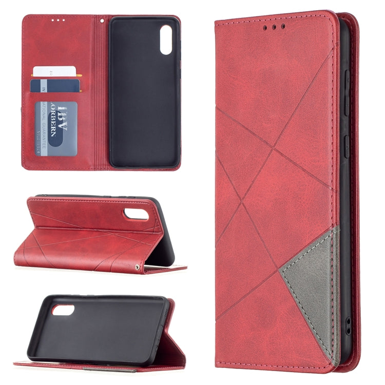 Red rhombus-textured magnetic flip leather case with card slots and phone holder