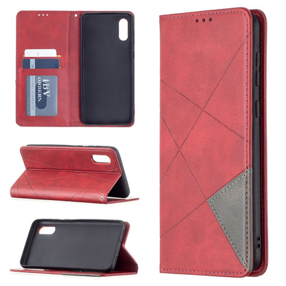 Red rhombus-textured magnetic flip leather case with card slots and phone holder