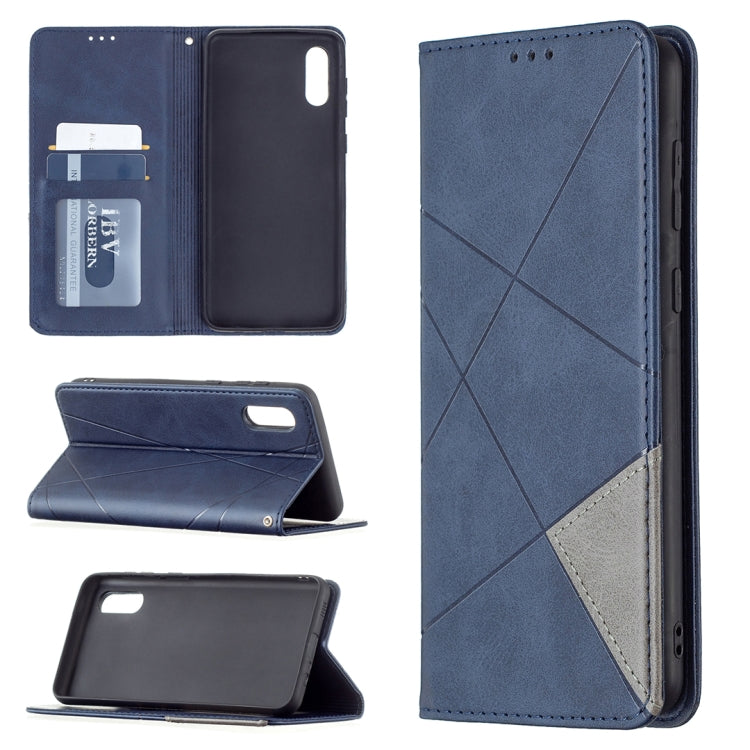 Blue leather-look phone folio with card slots and magnetic flip; rhombus panel with contrast edge.