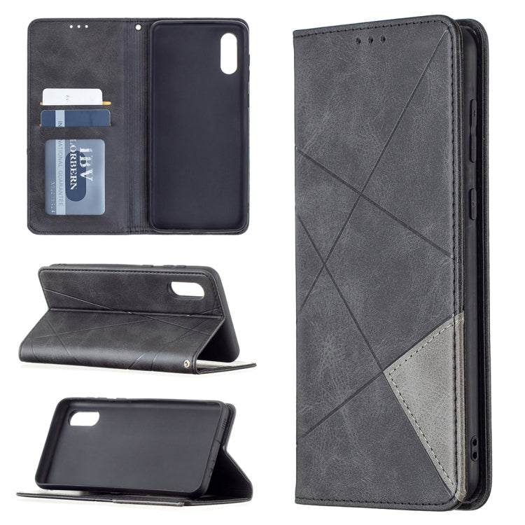 Charcoal gray leather wallet case with rhombus texture, flip cover, and side ports
