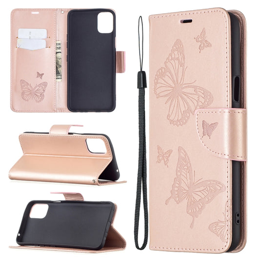 Rose gold leather phone wallet case with embossed butterflies, card slots, and lanyard