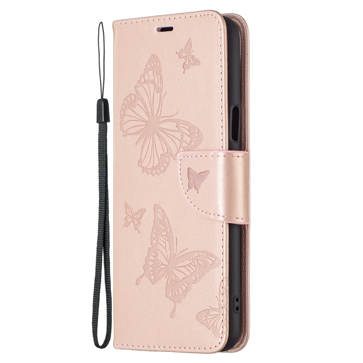 Rose gold leather phone wallet case with embossed butterflies and card holder with lanyard