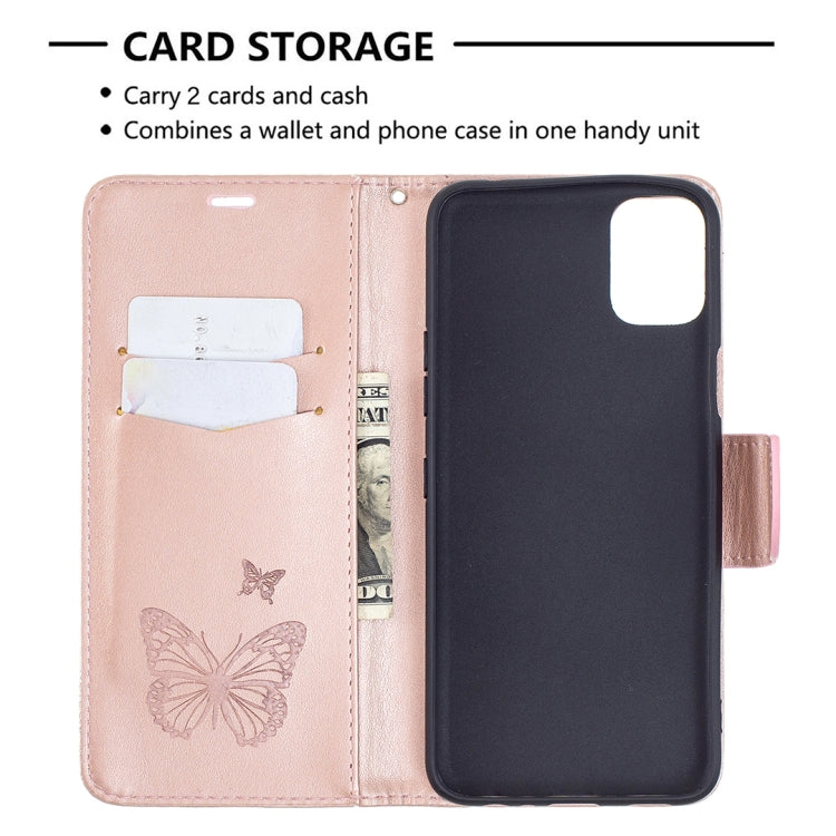 Rose gold leather phone wallet case with embossed butterflies, card slot, and phone holder