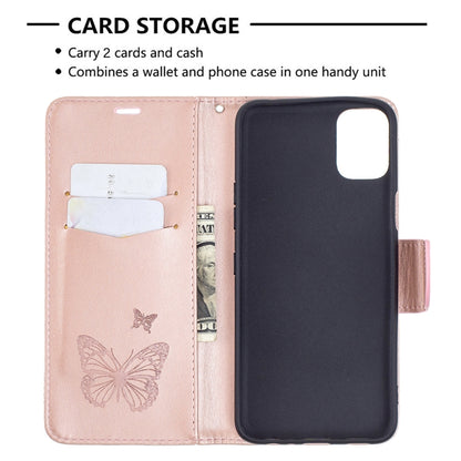 Rose gold leather phone wallet case with embossed butterflies, card slot, and phone holder