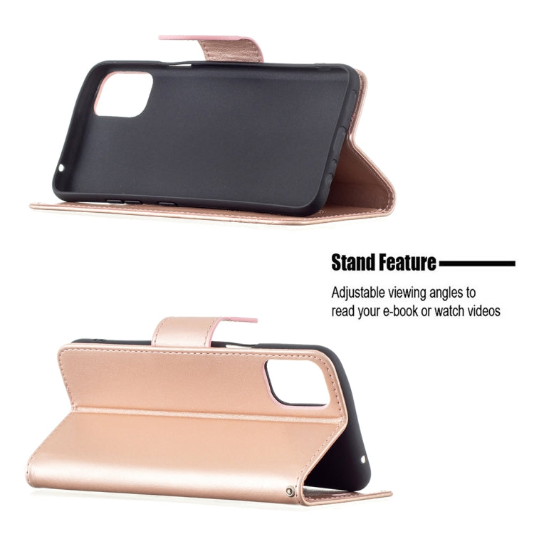 Rose gold leather phone wallet case with stand design, embossed butterflies, and card slot