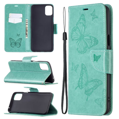 Green leather phone wallet case with embossed butterflies, card slots, and lanyard
