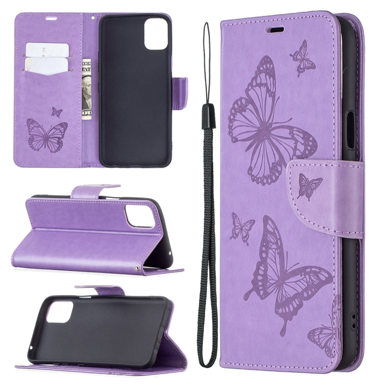 Purple leather phone wallet case with embossed butterflies, card slots, and lanyard