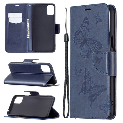 Dark blue leather phone wallet case with embossed butterflies, card slots, and lanyard