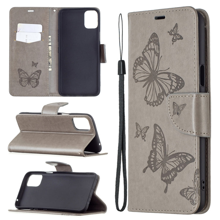 Butterfly-embossed leather phone wallet case with card slot and lanyard, dark grey