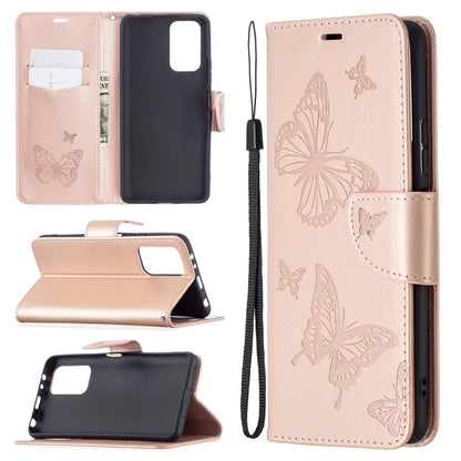 Butterfly-embossed leather phone wallet case with card slot and lanyard, rose gold