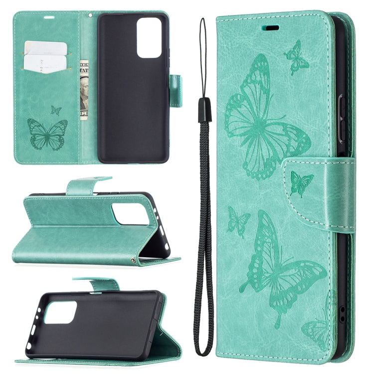 Butterfly-embossed leather phone wallet case with card slot and lanyard, green