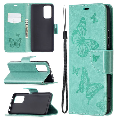 Butterfly-embossed leather phone wallet case with card slot and lanyard, green