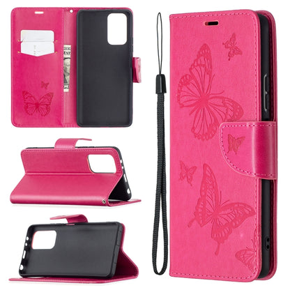 Butterfly-embossed leather phone wallet case with card slot and lanyard, rose red