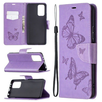 Butterfly-embossed leather phone wallet case with card slot and lanyard, purple