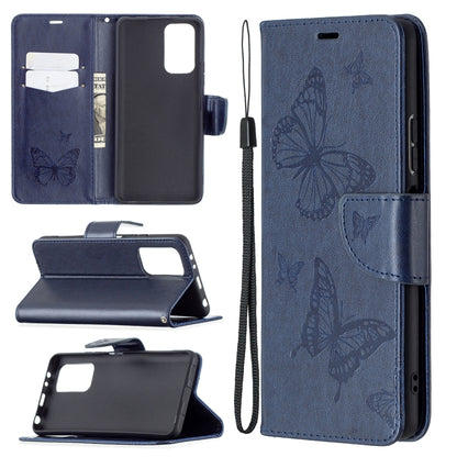 Butterfly-embossed leather phone wallet case with card slot and lanyard, dark blue