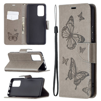 Butterfly-embossed leather phone wallet case with card slot and lanyard, dark grey