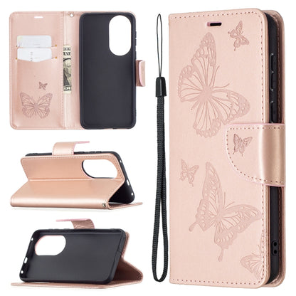 Butterfly-embossed leather phone wallet case with card slot and lanyard, rose gold