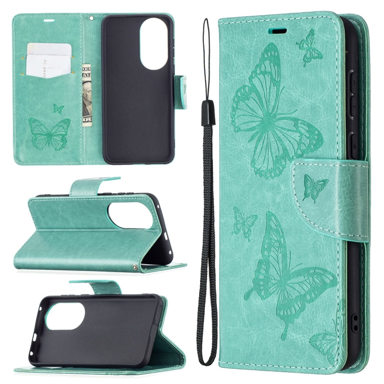 Butterfly-embossed leather phone wallet case with card slot and lanyard, green